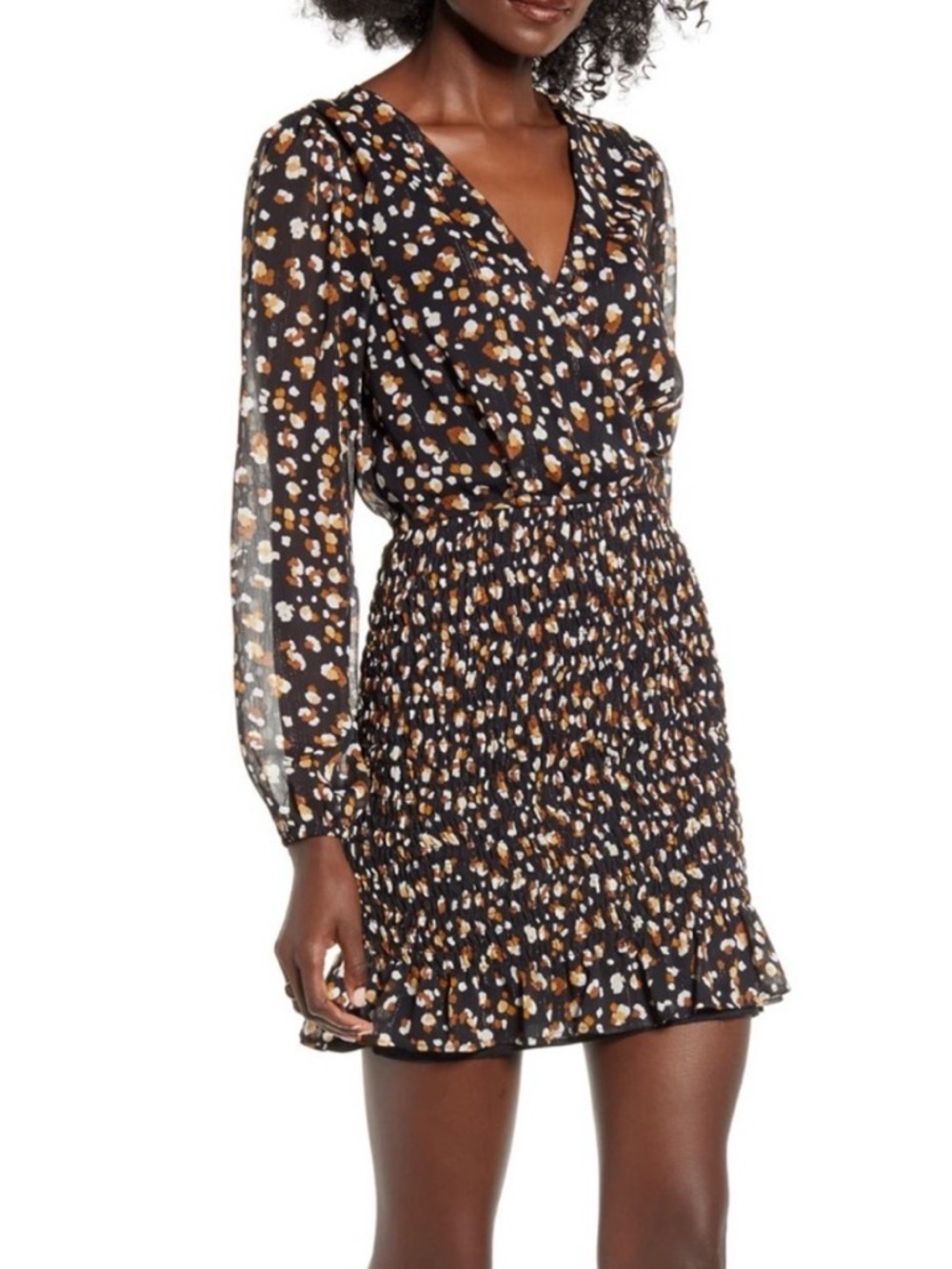 V-Neck Black Floral Smocked Waist Long-Sleeve Dress